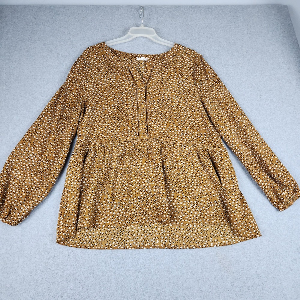 Cotton Bleu Babydoll Top Women L Mustard Dot Print Peplum Lace Trim Boho Popover